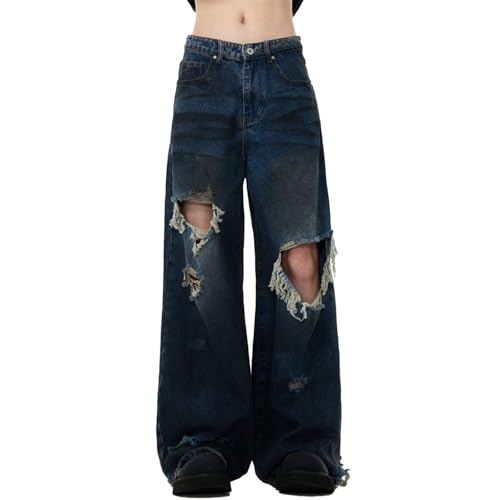 yanenrun Frauen Zerrissene Weite Beine Blaue Jeans Vintage Street Cool Girl Hohe Taille Hosen Weibliche Lässige Gerade Denim-Hose,Blau,XXL von yanenrun