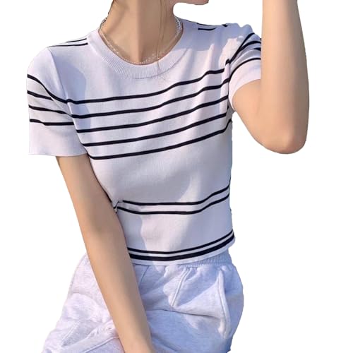 yanenrun Gestreiftes Crop Top Lose Stricken Kurzarm T-Shirt Design Mode Frau Bluse Sommer Harajuku Persönlichkeit,Weiss,XXL von yanenrun