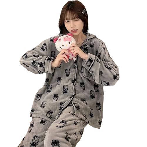 yanenrun Hallo Kitty Koreanische Version Mode Nachtwäsche Frauen Herbst Winter Korallen Fleece Hause Anzug Y2k Mädchen Verdickte Pyjamas,Grau,XL von yanenrun