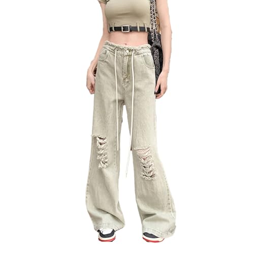 yanenrun Harajuku Streetwear Retro Mode Frauen Hohe Taille Jeans Breites Bein Gerade Lose Denim Hosen Y2K Baggy Hosen,Grün,M von yanenrun