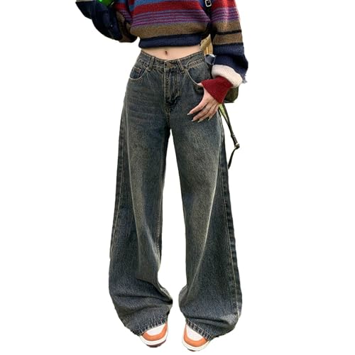 yanenrun Harajuku Streetwear Retro Mode Frauen Hohe Taille Jeans Horn Streifen Breites Bein Gerade Lose Denim Hosen Y2K,Blau,L von yanenrun