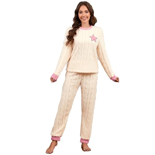 yanenrun Herzförmig Besticktes Damen-Pyjama-Set Mit Langärmeligem Rundhals-Flanelloberteil Und Hose Für Bequeme Nachtwäsche,Beige,L von yanenrun