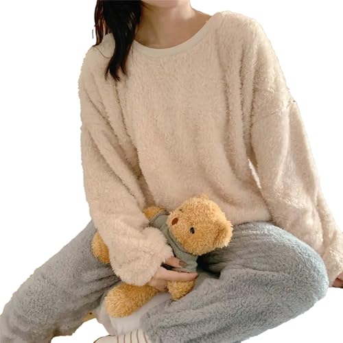 yanenrun Korallen Samt Pyjama Sets Frauen Oansatz Einfache Warme Dicken Pelzigen Winter Nachtwäsche Ins Trendy Heizung Zarte Studenten Lounge,Weiß,XL von yanenrun