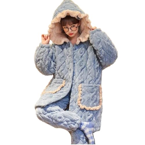 yanenrun Korallensamt-Pyjama Für Damen, Winter-Nachtwäsche, Dreilagiges, Verdicktes Plüsch-Homewear-Set Aus Warmer Baumwolle,Blau,L von yanenrun