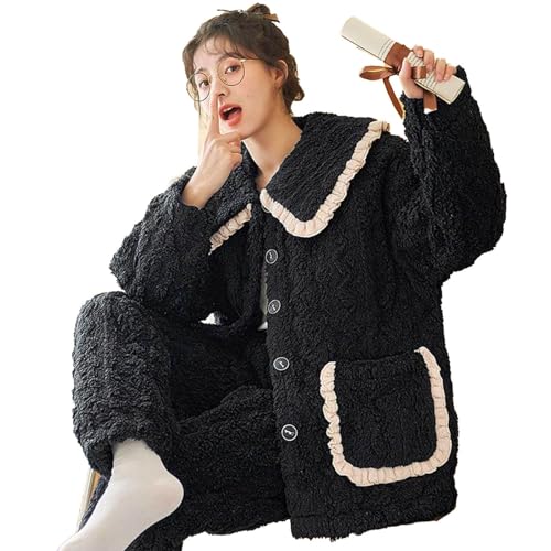 yanenrun Korallensamt-Pyjama Für Damen, Winter-Nachtwäsche, Dreilagiges, Verdicktes Plüsch-Homewear-Set Aus Warmer Baumwolle,Schwarz,L von yanenrun