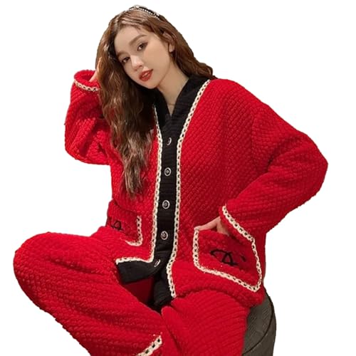 yanenrun Korallensamt-Pyjama Für Damen Im Winterstil, Verdickte Warme Flanell-Strickjacke, Haushaltsanzug, Lässige Nachtwäsche Im Markenstil,Rot,XL von yanenrun