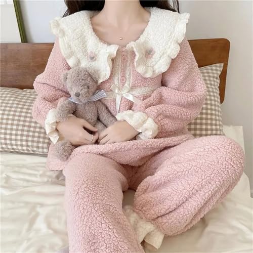 yanenrun Koreanischen Stil Nette Pyjamas Set Für Frau Winter Warme Weiche Süße Puppe Kragen Rosa Blau Nachtwäsche Mädchen Langarm Homewear,Rosa,XXL von yanenrun