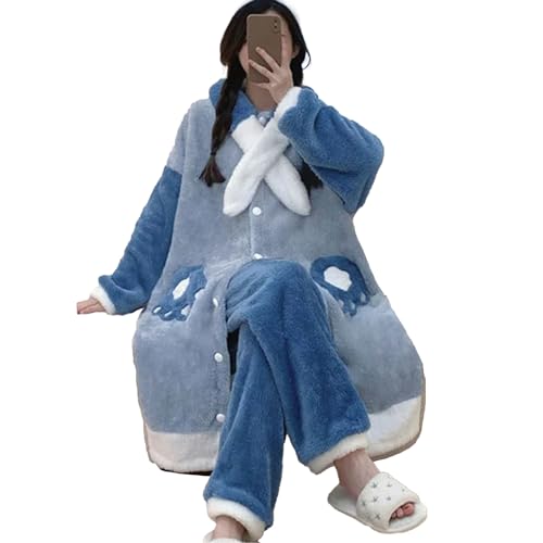 yanenrun Nette Cartoon Weichen, Flauschigen Hause Tragen Weibliche Herbst Winter Neue Schlafsaal Pyjamas Y2k Süße Mädchen Casual Nightrobe Set,Blau,XXL von yanenrun