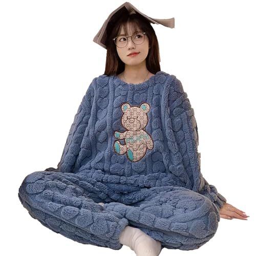 yanenrun Niedliches, Flauschiges Pyjama-Set Für Damen In Übergröße, Weiches, Warmes Winter-Plüsch-Langarm-Nachtwäsche, Flauschige, Gemütliche Pyjamas, Die Man Tragen Kann,Blau,XL von yanenrun