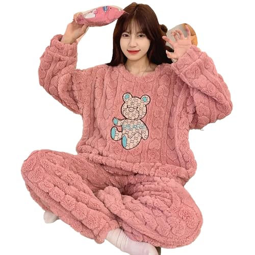 yanenrun Niedliches, Flauschiges Pyjama-Set Für Damen In Übergröße, Weiches, Warmes Winter-Plüsch-Langarm-Nachtwäsche, Flauschige, Gemütliche Pyjamas, Die Man Tragen Kann,Rosa,XL von yanenrun