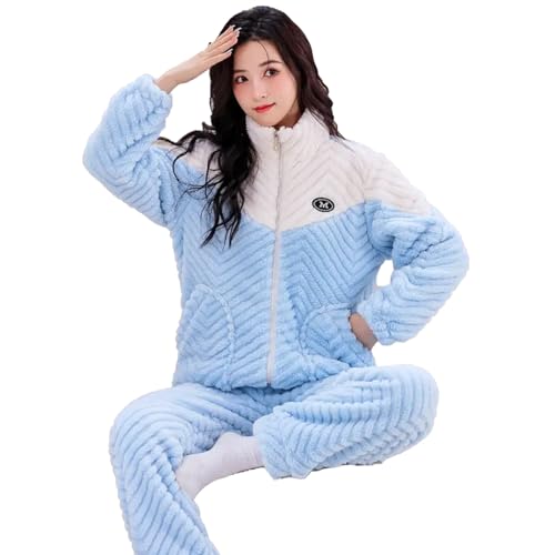 yanenrun Patchwork Nachtwäsche Winter Warme Frauen Pyjama Dicken Korallen Samt Frauen Nachtwäsche Koreanische Langarm Hosen Weichen Homewear,Blau,XL von yanenrun