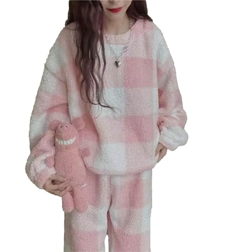 yanenrun Plaid Nachtwäsche Frauen Fleece Pyjama Sets Winter Warme Oansatz Hosen Sets Für Frauen 2 Stück Nacht Trägt Lose Hause Anzug,Rosa,L von yanenrun