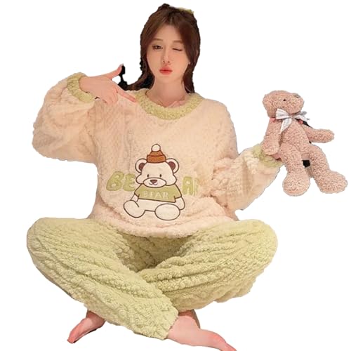 yanenrun Plus Größe Cartoon Korallen Fleece Warme Homewear Frauen Winter Langarm Pyjama Set Studenten Niedlichen Plüsch Warme Loungewear,Grün,M von yanenrun