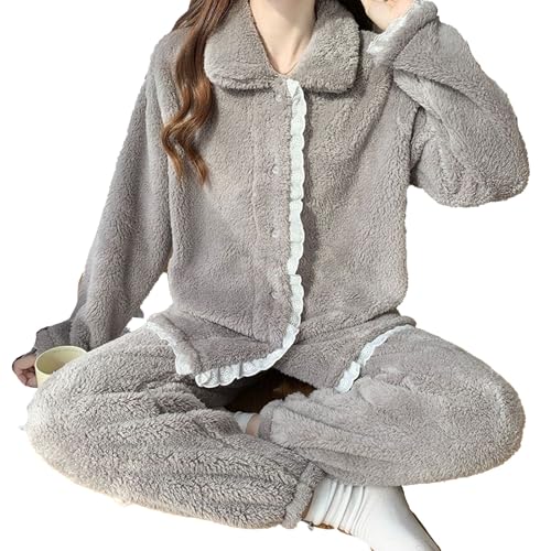 yanenrun Pyjama Sets Frauen Retro Spitze Zarte Winter College Hause Kleidung Warme Gemütliche Langarm Korallen Fleece Baggy Nachtwäsche Weibliche,grau,L von yanenrun