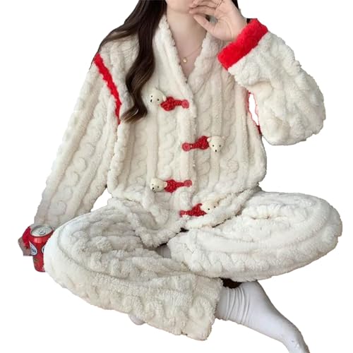 yanenrun Pyjamas Winter Frauen Fleece-gefüttert Verdickt V-Ausschnitt Nachtwäsche Sets Weibliche Korallen Samt Warm Bär Homewear Anzug,Beige,3XL von yanenrun