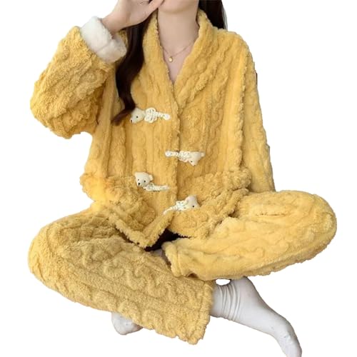 yanenrun Pyjamas Winter Frauen Fleece-gefüttert Verdickt V-Ausschnitt Nachtwäsche Sets Weibliche Korallen Samt Warm Bär Homewear Anzug,Gelb,6XL von yanenrun