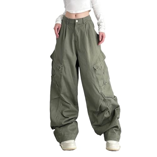 yanenrun Retro Grunge High Street Casual Overalls Lose Breite Bein Hosen Frauen Vintage Hip-hop Grüne Fracht Einfarbig Hosen,Grün,M von yanenrun