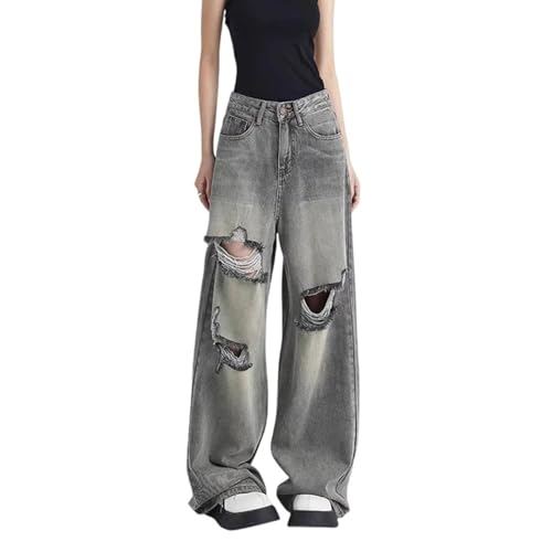 yanenrun Stil Y2k Mode Hohe Taille Breite Bein Hosen Frauen Täglich Lose Gemütliche Zerrissene Jeans Sommer 2000er High Street Denim Hosen,Schwarz,M von yanenrun