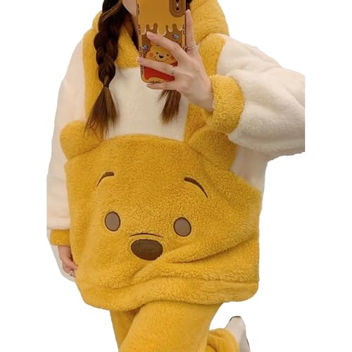 yanenrun The Pooh Damen Winter-Korallen-Fleece-Nachtwäsche, Süßes Design, Verdickte Warme Pyjamas, Süße Weiche Y2k-Mädchen-Hauskleidung,Gelb,L von yanenrun