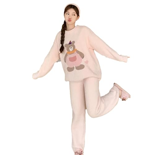 yanenrun Weiche Pyjamas Frauen Winter Verdickte Warme Gestrickte Ins Cartoon Bär Alter-Reduzierung Outwear Hause Kleidung Anzug,Rosa,Einheitsgröße von yanenrun