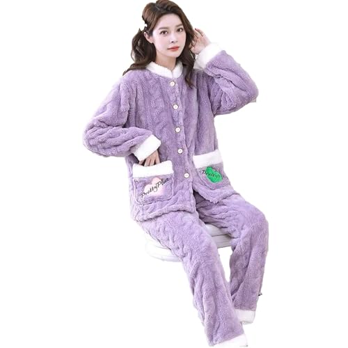 yanenrun Winter Flanell Pyjama Sets Frauen Stilvolle Patchwork Chic Teens Nachtwäsche Nette Vintage Freizeit Warme Lounge Kleidung,lila,XXL von yanenrun