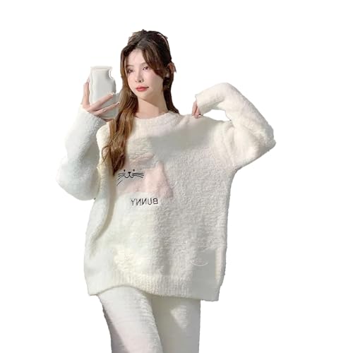 yanenrun Winter Flanell Weiche Warme Frauen Pyjamas Rundhals Langarm Frauen Zwei Stück Set Nette Druck Pyjama Anzug Frauen,Weiß,4XL von yanenrun