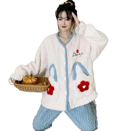 yanenrun Winter Fleece Pyjama Set Frauen Lose Strickjacke Hose Hause Anzug Koreanische Süße Warme Flanell Loungewear Anzug,Blau,XL von yanenrun