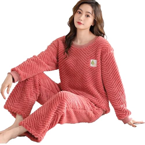 yanenrun Winter Frauen Korallen Fleece Pyjamas Sets Langarm Flauschigen Nachtwäsche Dame Verdicken Warme Homewear Flanell Nachtwäsche,Rot,L von yanenrun