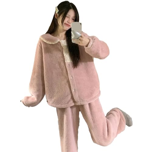 yanenrun Winter Pyjama Set Frauen Fleece Warme Süße Mädchen Kawaii Weibliche Anzug Homewear Drehen Unten Kragen Zwei Stücke Casual Pijamas,Rosa,Einheitsgröße von yanenrun