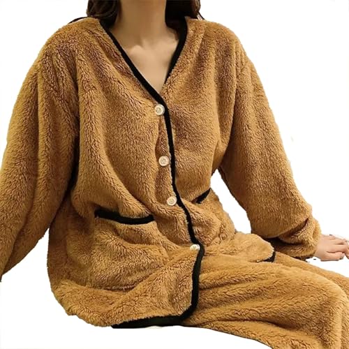 yanenrun Winter Pyjama Sets Frauen Elegante Damen Einfache Feste Lose Hause Nachtwäsche Warme Plus-samt Verdicken Komfortable Ins,Khaki,M von yanenrun