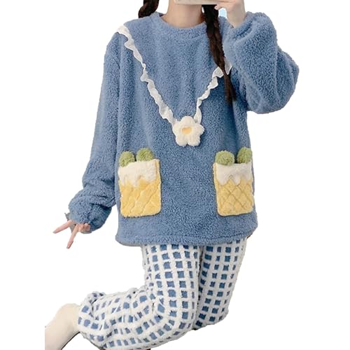 yanenrun Winter Süße Junge Mädchen Süße Pyjamas Hosenanzug Für Frauen Kationische Stoff Koreanische Kleidung Teenager Pyjamas 6XL Roomware,Blau,5XL von yanenrun