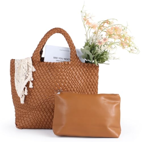 Gewebte Tasche aus veganem Leder mit Tragegriff oben, modische handgefertigte Strandtasche und Geldbörse für Damen, gewebte Tasche, caramel von yeeplant