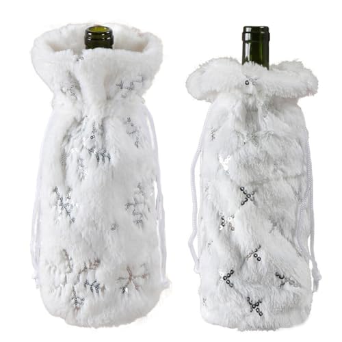 yeeplant Home Festive Beutel mit Kordelzug für Party, 2 x Weihnachts-Weinflaschenabdeckungen, weiß, Einheitsgröße von yeeplant