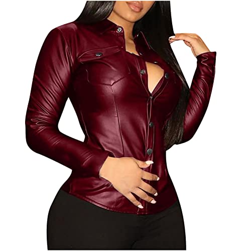 yiouyisheng PU Leder Shirt Damen Frühling Herbst Langarm Bluse Revers Knopf Tasche PU Leder Hemd Jacke, Frauen Sexy Blusen Oberteil Hemdbluse Button Cardigan von yiouyisheng