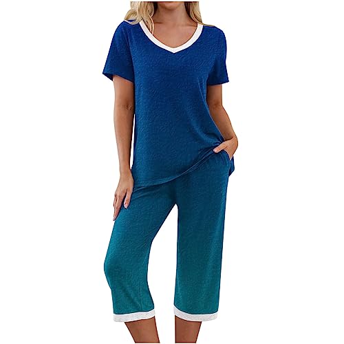 yiouyisheng Damen Sommer Kurzarm V-Ausschnitt Top 3/4 Hose Zweiteiliges Set Freizeitanzug Damen Nachtwäsche Printed Pyjama Capri Set Hausanzug Loungewear Schlafanzug von yiouyisheng