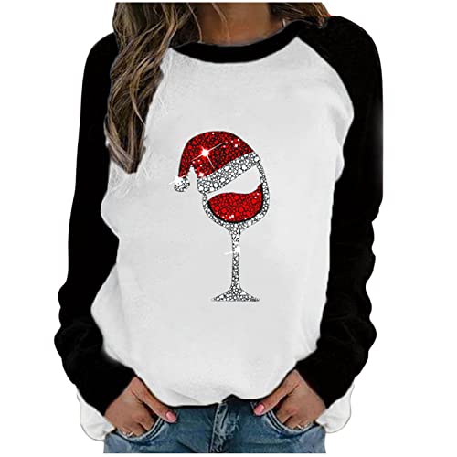 yiouyisheng Damen Weihnachten T-Shirt Weihnachts Tshirt Damen Glitzer Weinglas Muster Rundhalsausschnitt langärmeliges Oberteil Christmas Shirt Weihnachtsshirt Weihnachts-T-Shirt Teenager Mädchen von yiouyisheng