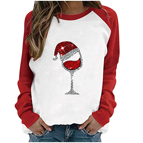 yiouyisheng Damen Weihnachten T-Shirt Weihnachts Tshirt Damen Glitzer Weinglas Muster Rundhalsausschnitt langärmeliges Oberteil Christmas Shirt Weihnachtsshirt Weihnachts-T-Shirt Teenager Mädchen von yiouyisheng