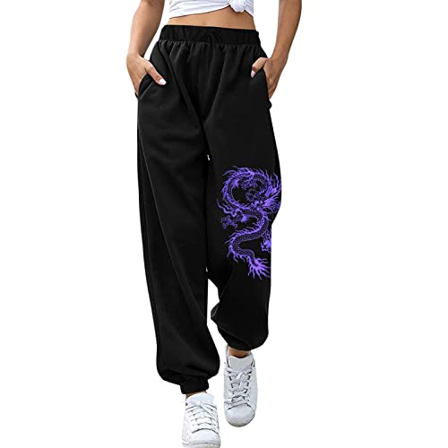 yiouyisheng Jogginghose Damen Trend Herbst Sporthose Skelettherzen und Drachen Motiv Freizeithose Mädchen Sweatpants High Waist Trainingshose mit Taschen Sportliche Hose von yiouyisheng