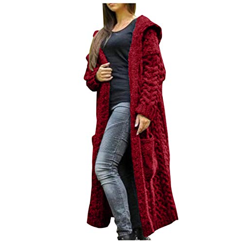 yiouyisheng Lange Strickjacke mit Kapuze für Damen Trendiger Cardigan Strick Mantel Jacke Frühling Herbst Winter Outwear Strickmantel mit Taschen von yiouyisheng