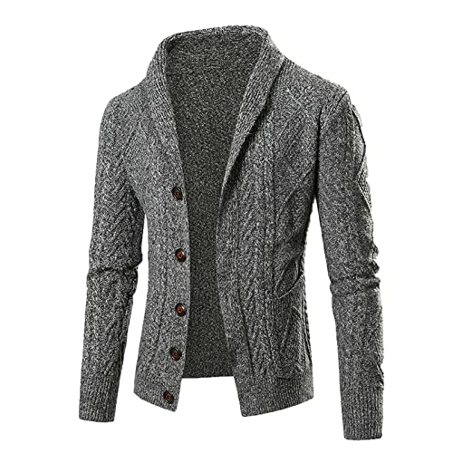 yiouyisheng Strickjacke Herren Langarm Kragen Cardigan mit Zopfmuster Herren Jacke Gestrickt Pullover Männer Cardigan Schalkragen V-Kragen Knopfleiste Grobstrick Jacke von yiouyisheng