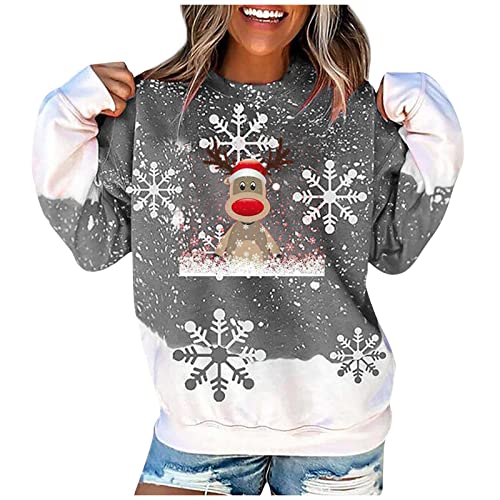 yiouyisheng Weihnachtspullover Damen Weihnachts Sweatshirt Schneeflocke Rentier Drucken Weihnachten Pullover Teenager Mädchen Christmas Sweater Xmas Jumper Rundhals Weihnachtspulli Oberteile von yiouyisheng