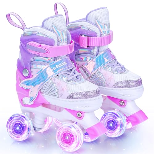 Rollschuhe Kinder 4 Größen Verstellbar Rollerskates mit Leuchtenden Rädern Schuhe mit 4 Rollen für Mädchen, Jungen und Anfänger von yousulun