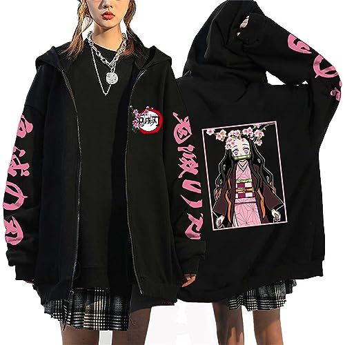 zhedu Zip Up Hoodie Kamado Nezuko Grafik Harajuku Langarm Y2k Casual Oversize Hip Hop Punk Streetwear Mantel (XXL,Color 02) von zhedu