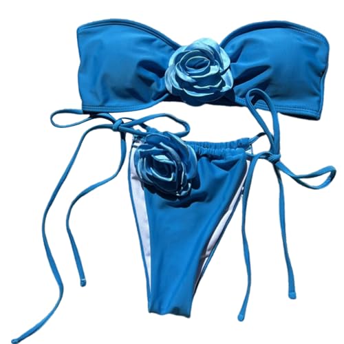 zuousxbs Damen Badeanzug Mit 3D Blumenmuster Zweiteilig Bandeau Badeanzug Einfarbig Geteilte Badebekleidung Für Urlaub Strandmode von zuousxbs